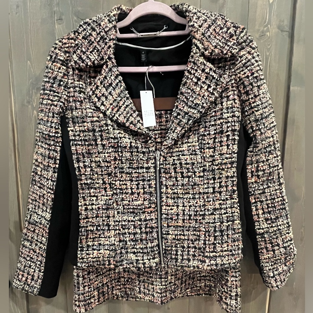 White House Black Market Multicolored Tweed Zip Blazer with Black Panels